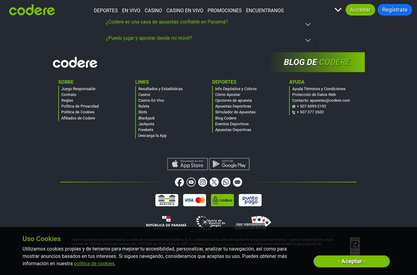 Métodos de pago y sellos de Codere vistos desde Panamá (agosto 2026)