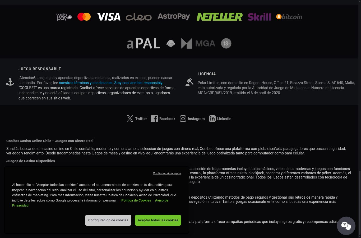 Métodos de pago y sellos de Coolbet vistos desde Chile (agosto 2026)