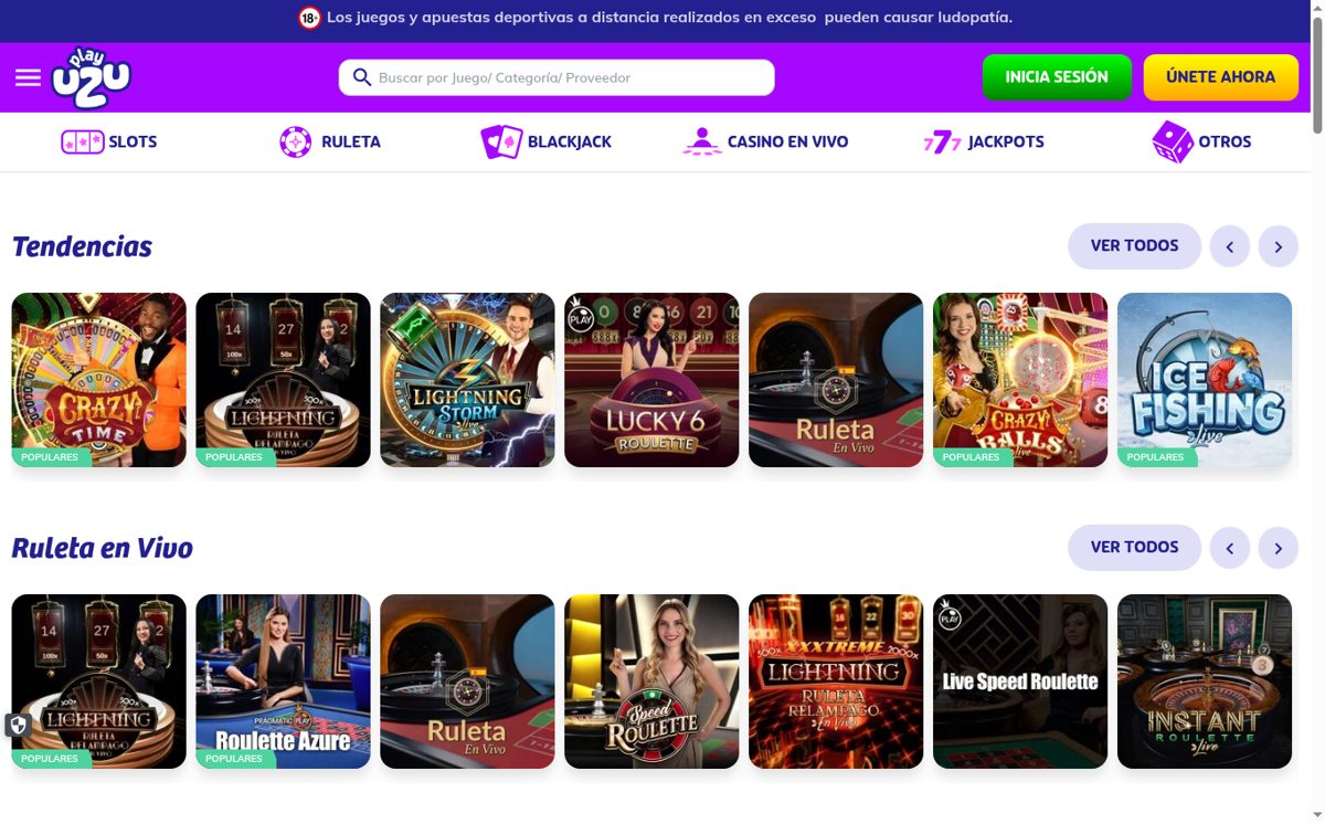 Casino en vivo de PlayUZU Perú con ruleta y mesas 24/7