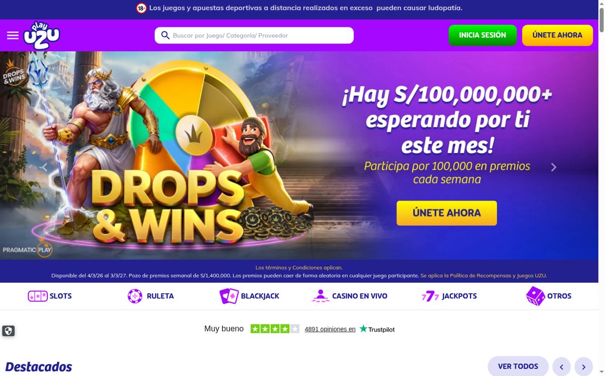 Página principal de PlayUZU Perú con premios semanales