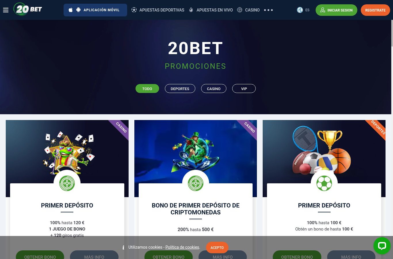 Sección de promociones de 20Bet vista desde Paraguay (agosto 2026)
