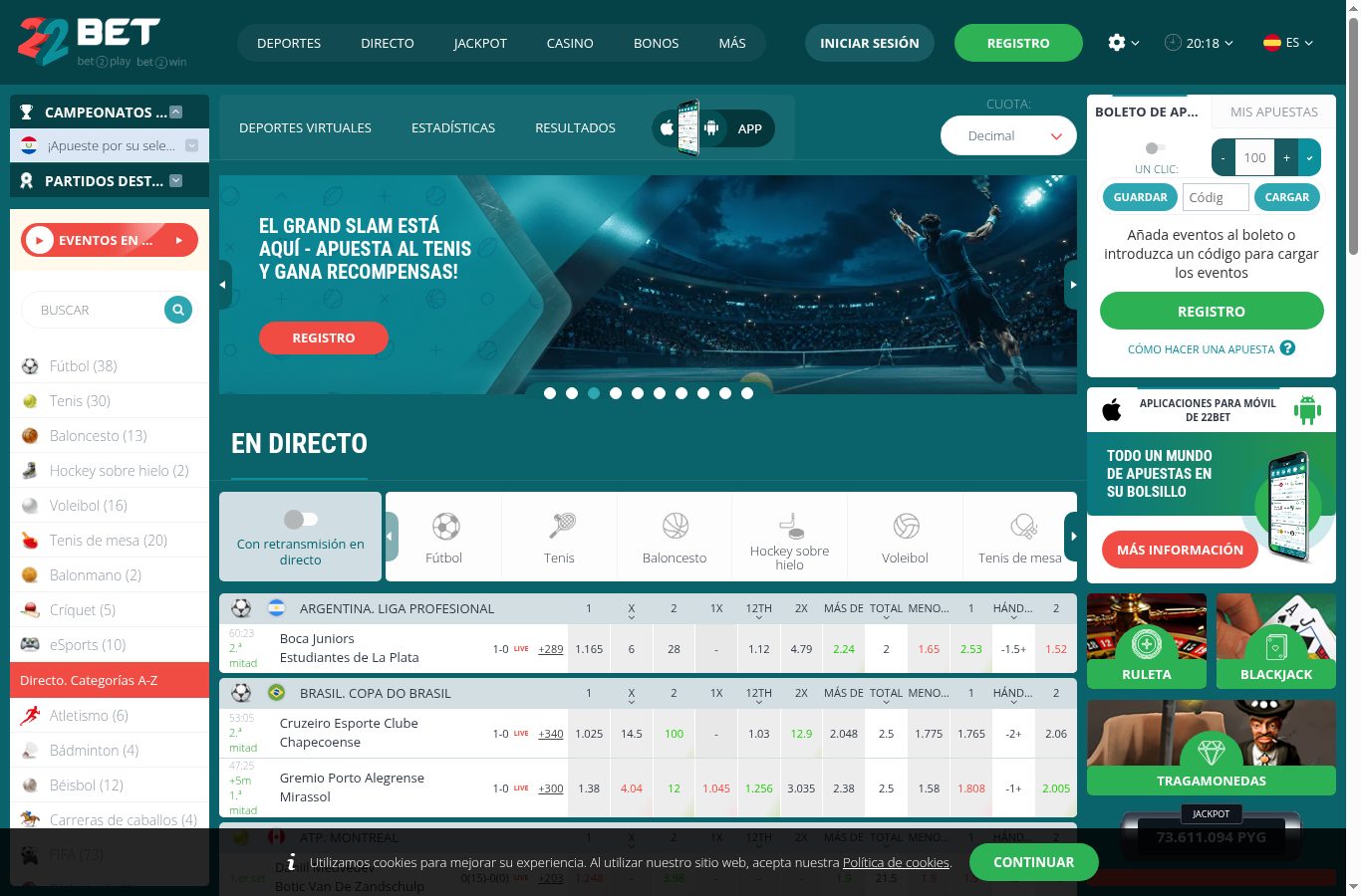 Sección de promociones de 22Bet vista desde Paraguay (agosto 2026)