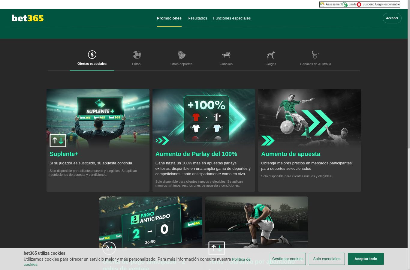 Sección de promociones de Bet365 vista desde Ecuador (agosto 2026)