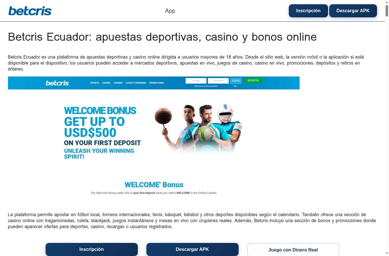 Sección de promociones de Betcris vista desde Ecuador (agosto 2026)