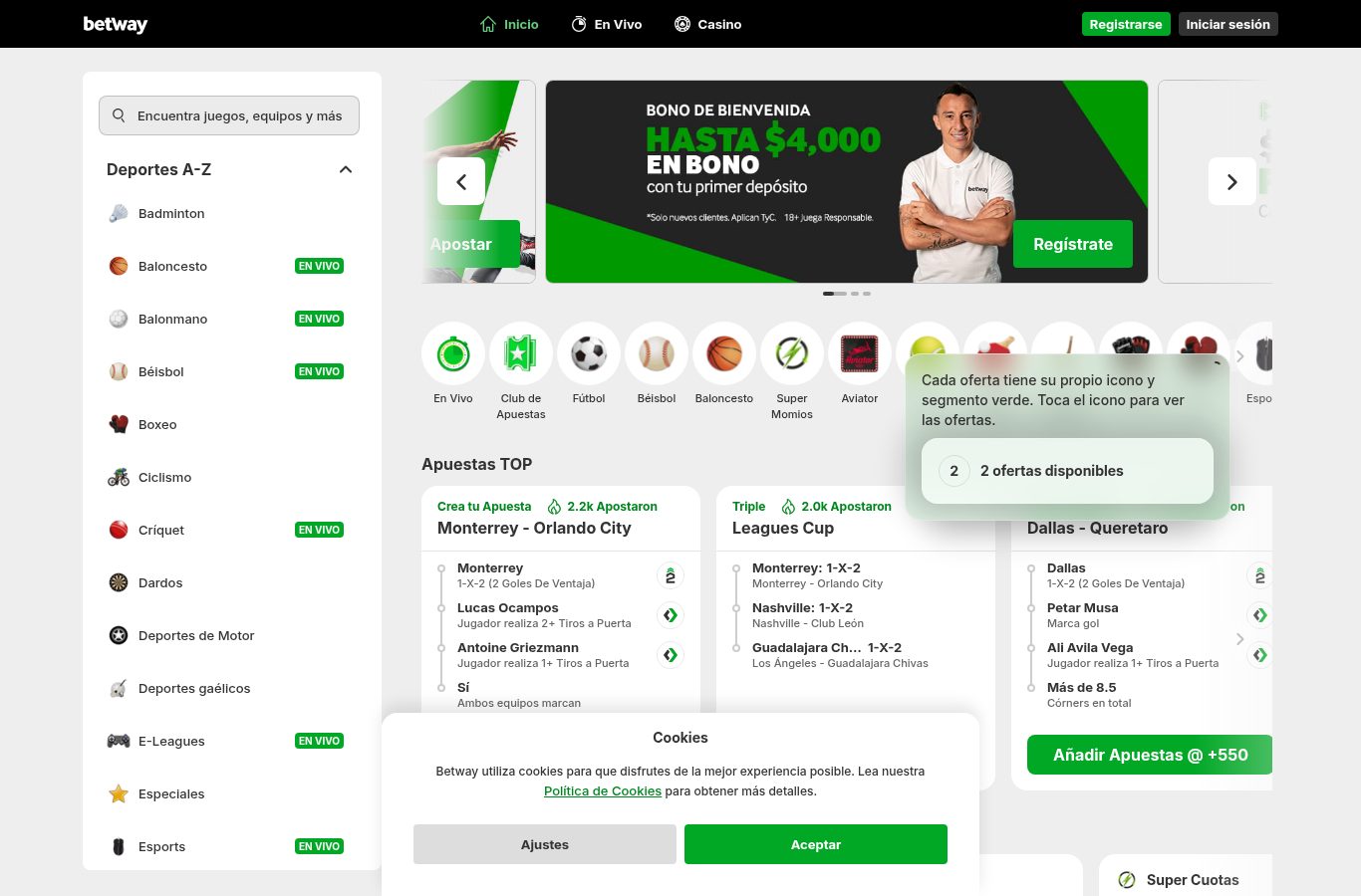 Sección de promociones de Betway vista desde México (agosto 2026)