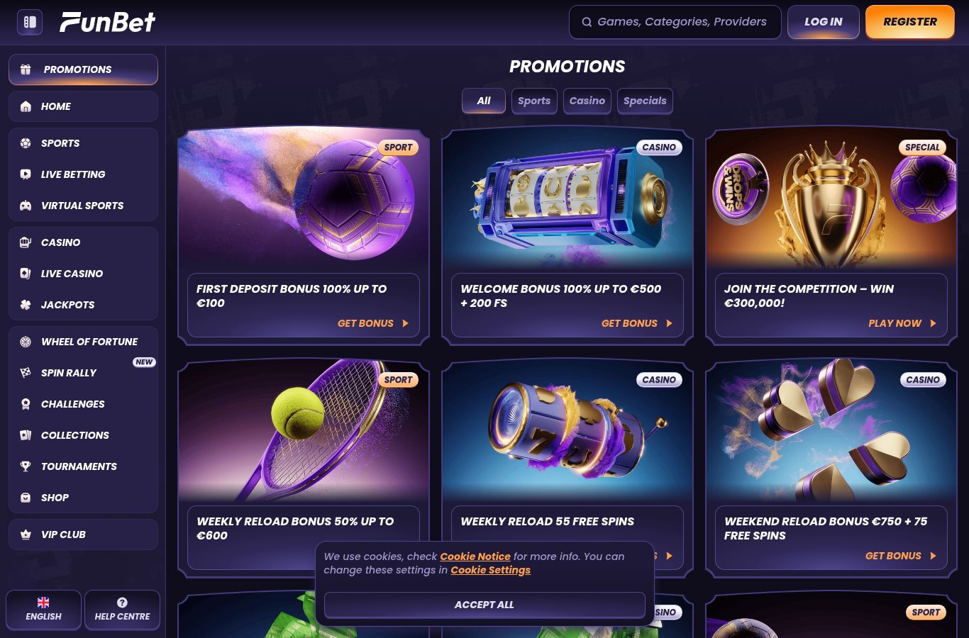 Sección de promociones de Funbet vista desde Venezuela (agosto 2026)