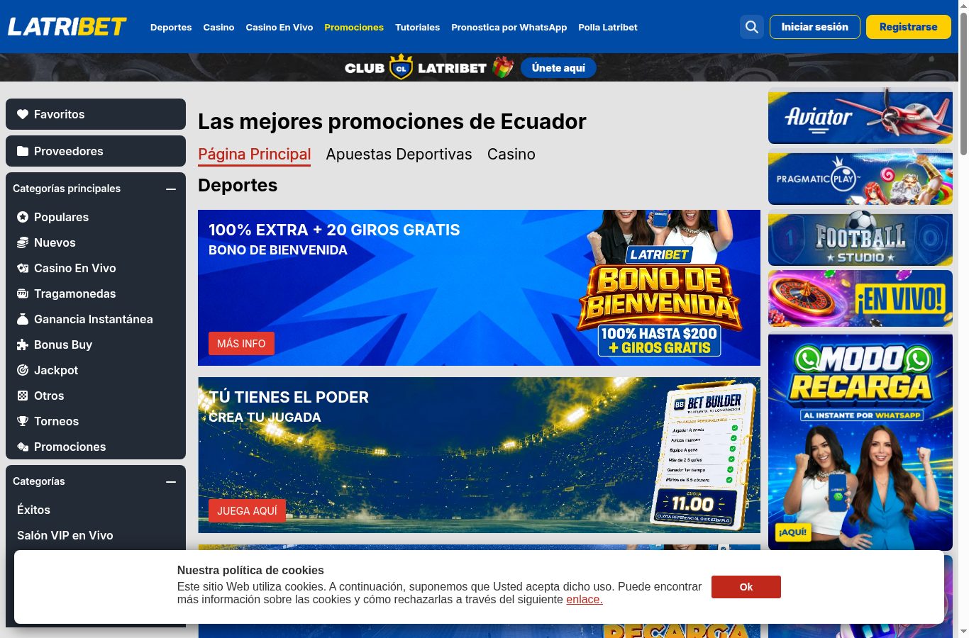 Sección de promociones de Latribet vista desde Ecuador (agosto 2026)
