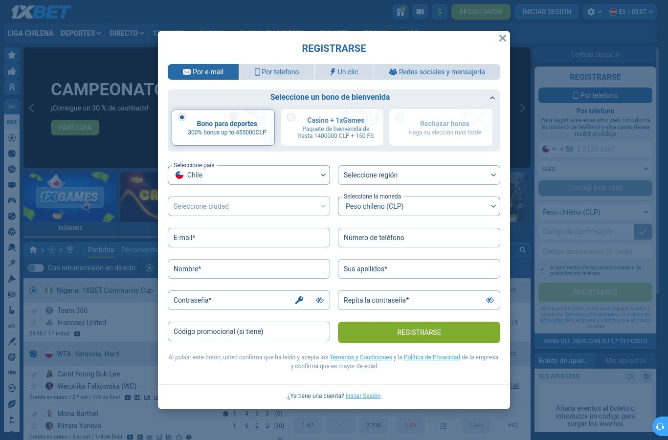 Formulario de registro de 1xBet visto desde Chile (agosto 2026)