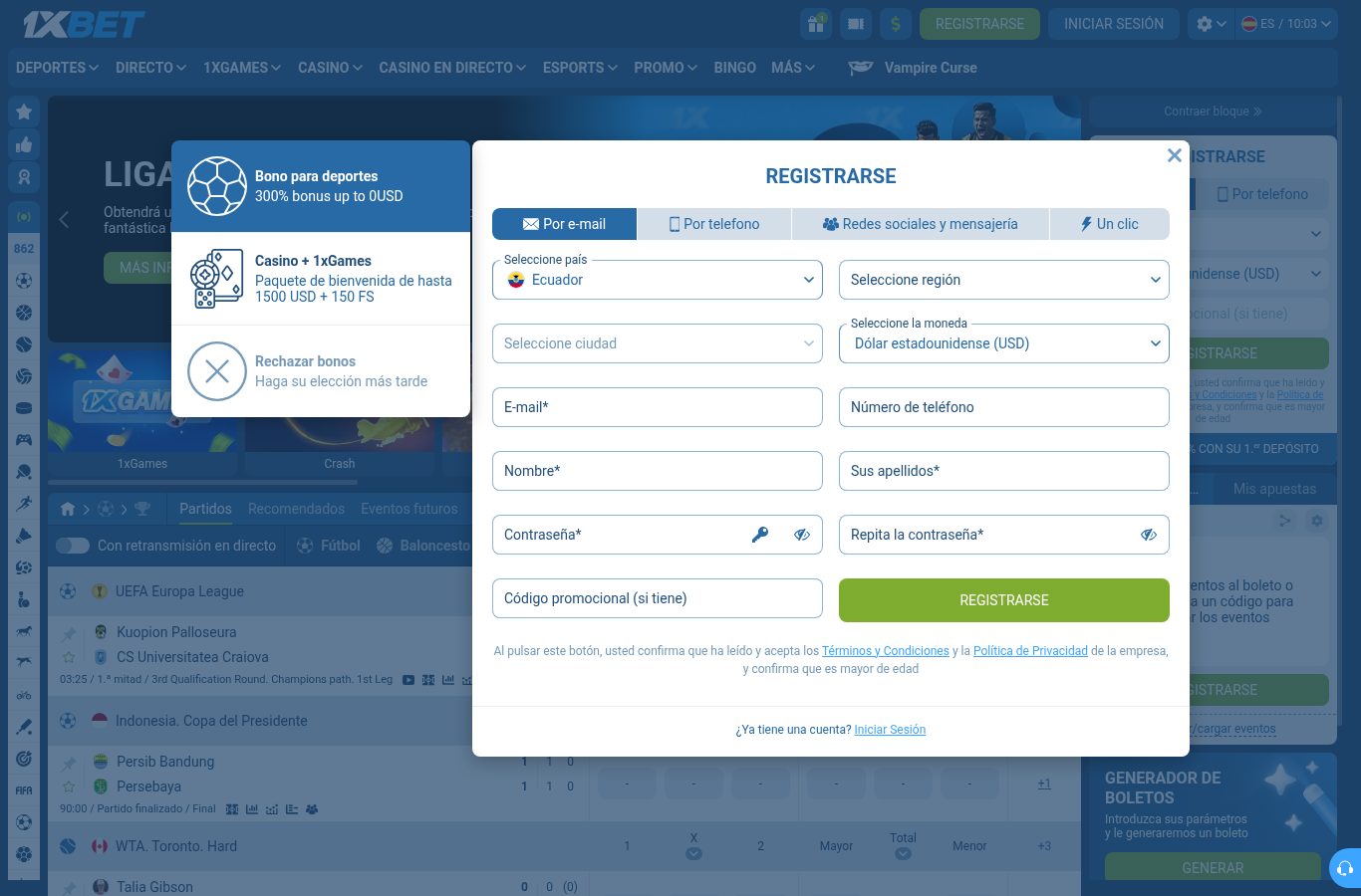 Formulario de registro de 1xBet visto desde Ecuador (agosto 2026)