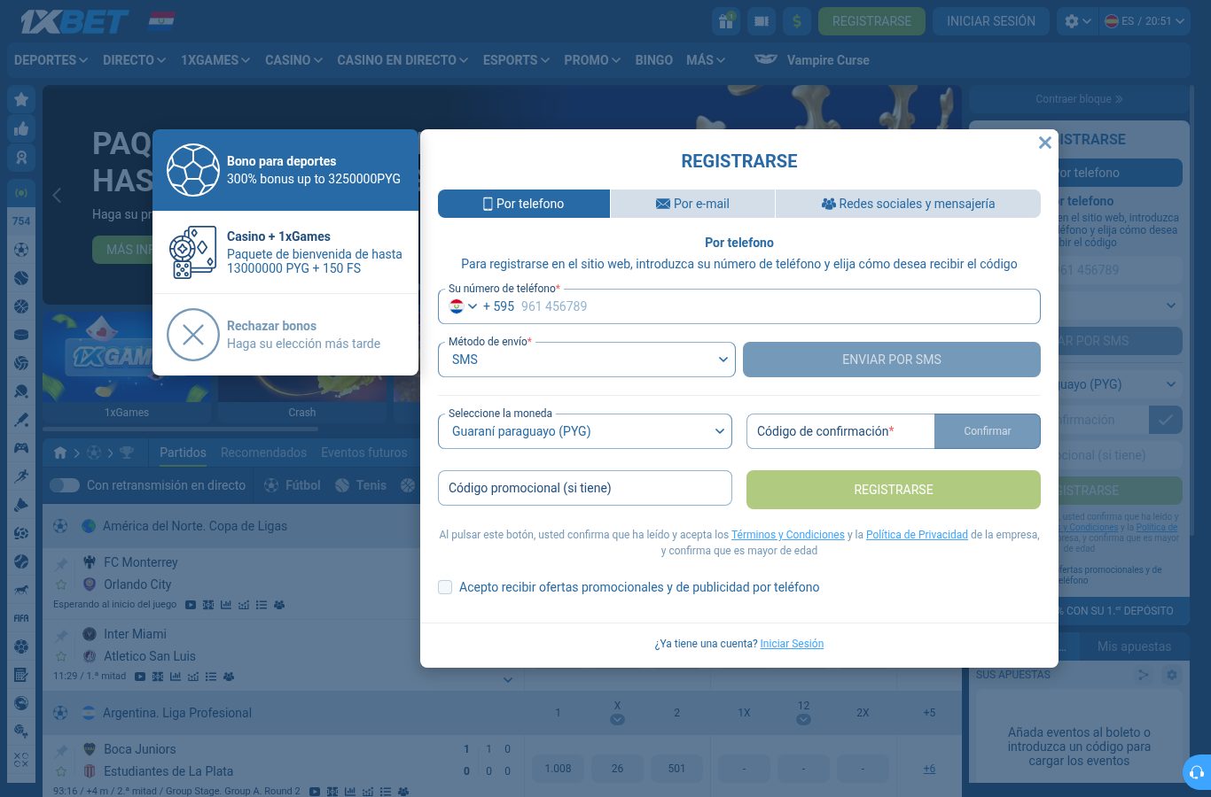 Formulario de registro de 1xBet visto desde Paraguay (agosto 2026)