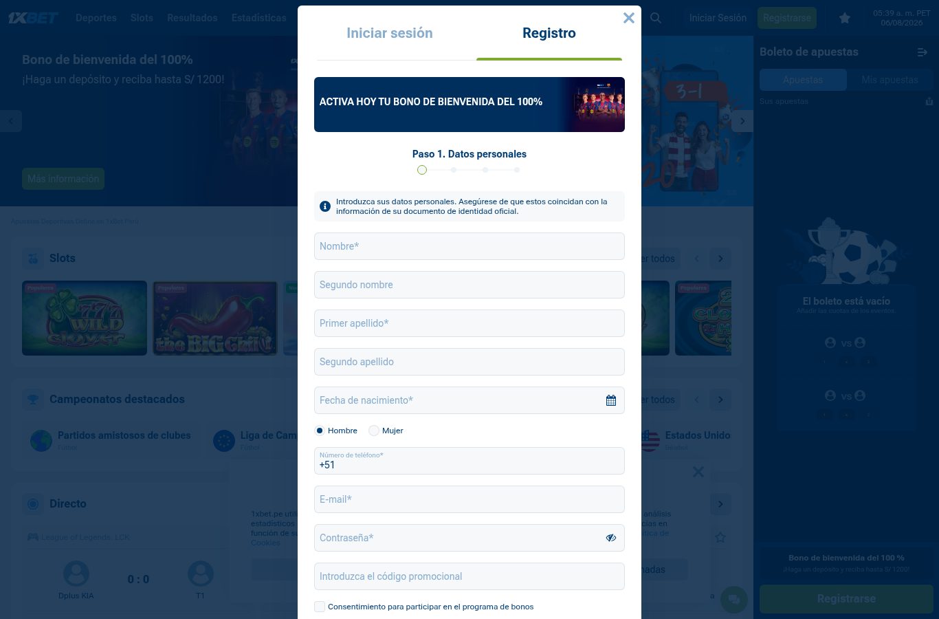 Formulario de registro de 1xBet visto desde Perú (agosto 2026)