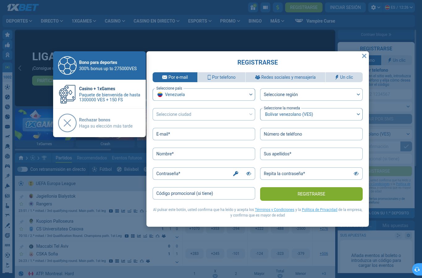 Formulario de registro de 1xBet visto desde Venezuela (agosto 2026)
