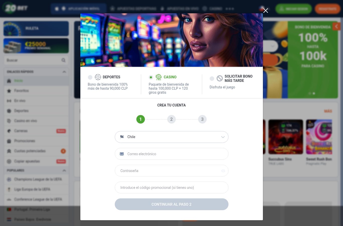 Formulario de registro de 20Bet visto desde Chile (agosto 2026)