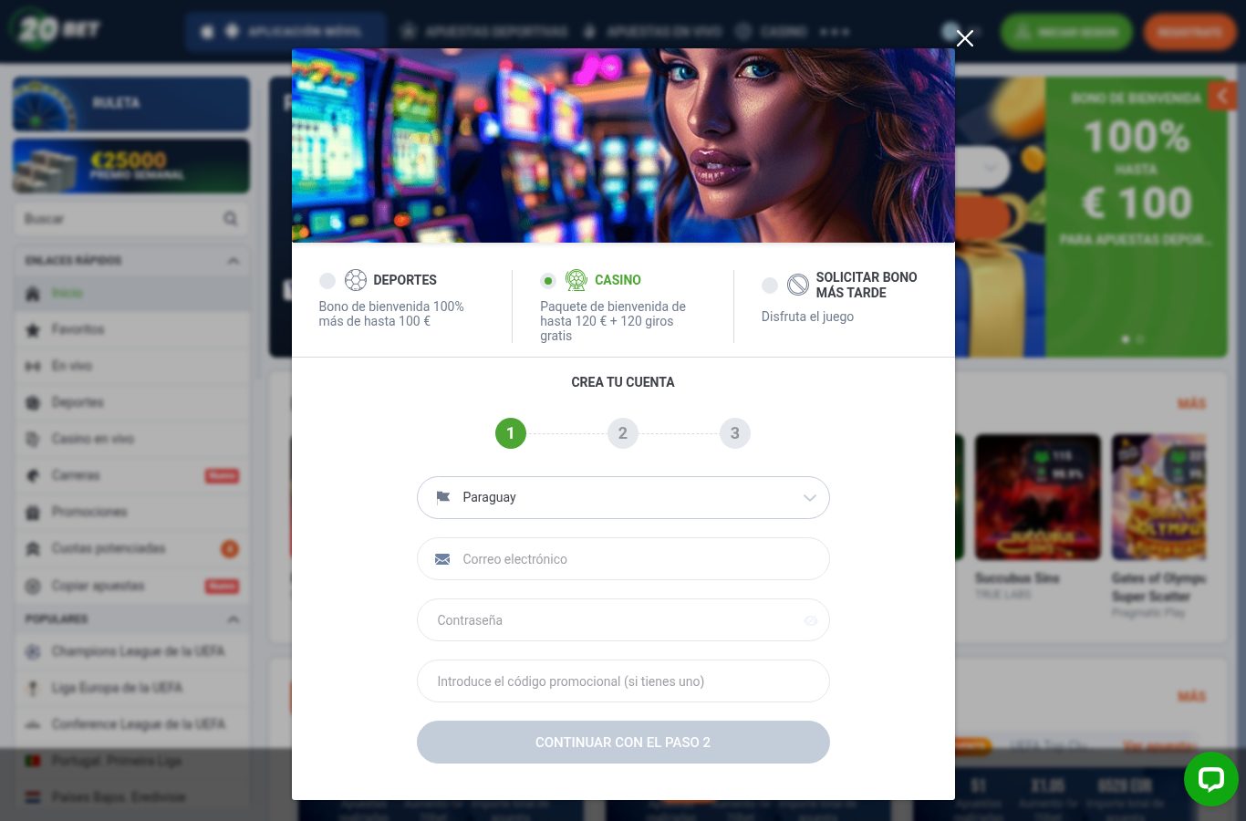Formulario de registro de 20Bet visto desde Paraguay (agosto 2026)