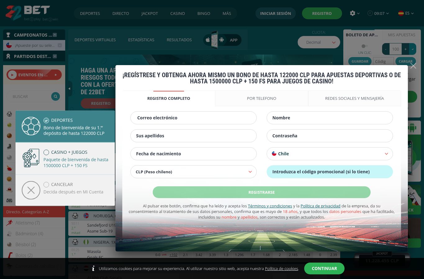 Formulario de registro de 22Bet visto desde Chile (agosto 2026)