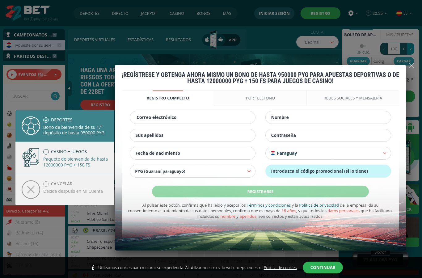 Formulario de registro de 22Bet visto desde Paraguay (agosto 2026)