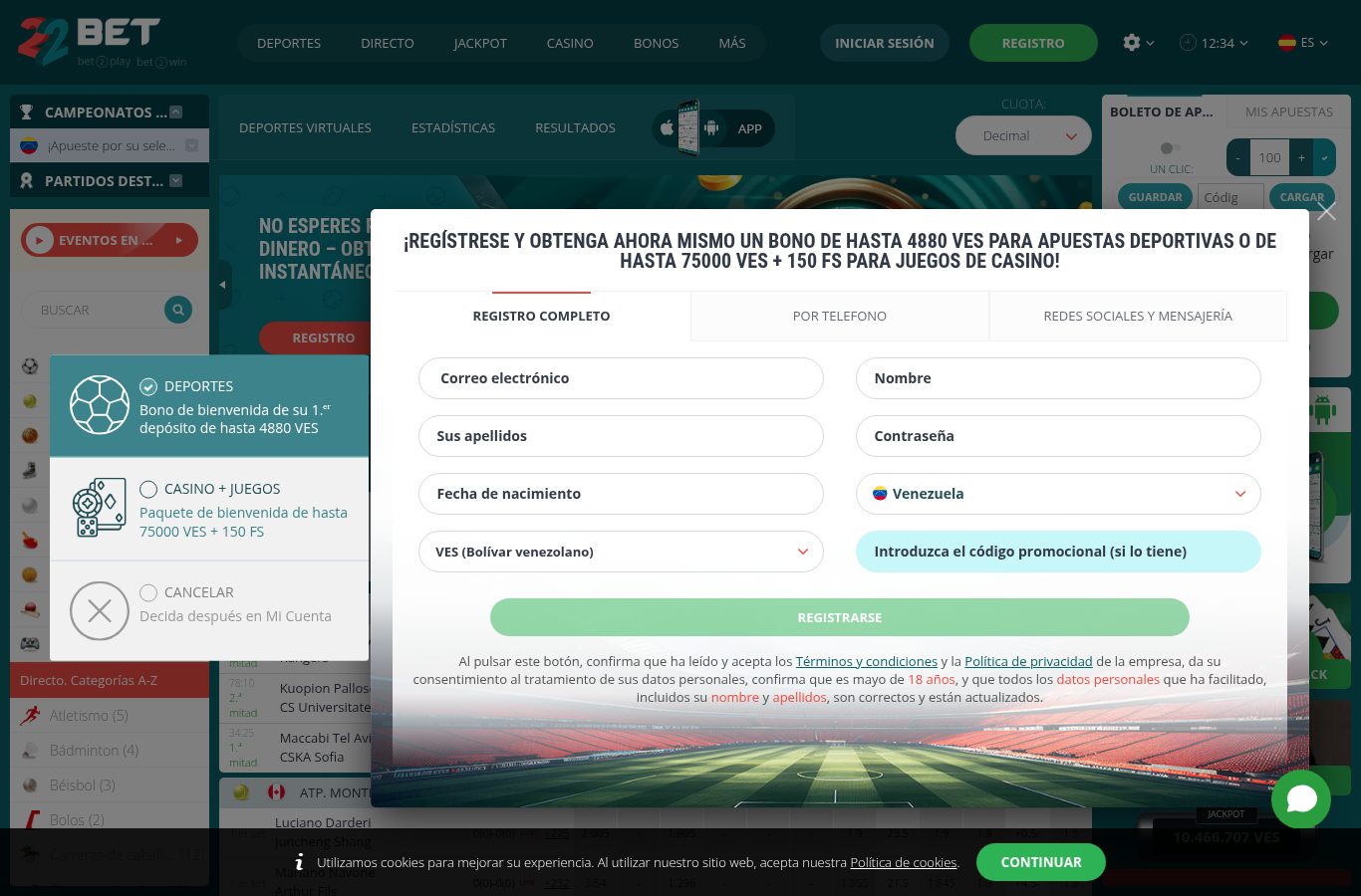 Formulario de registro de 22Bet visto desde Venezuela (agosto 2026)