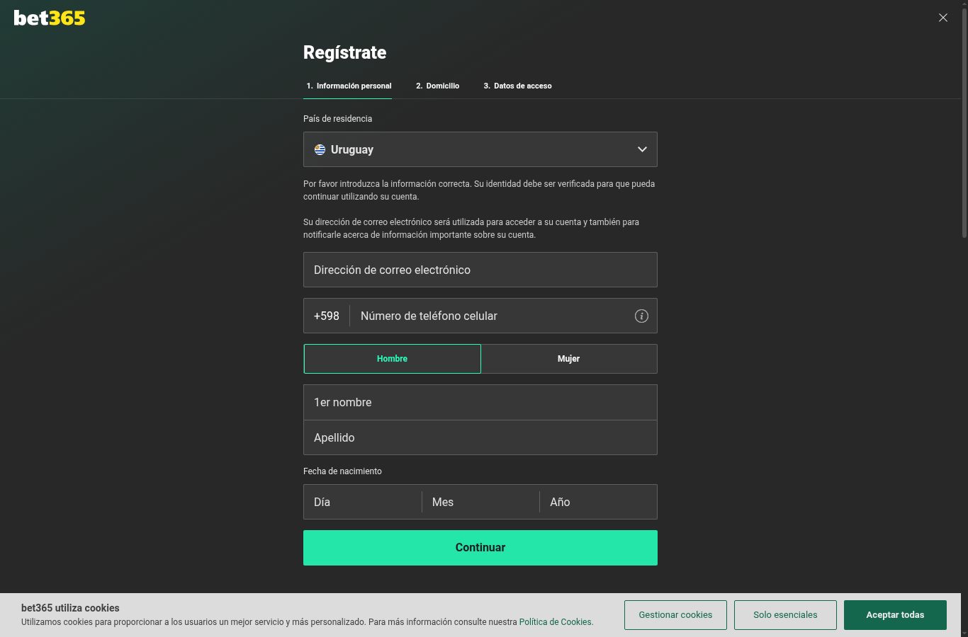 Formulario de registro de Bet365 visto desde Ecuador (agosto 2026)