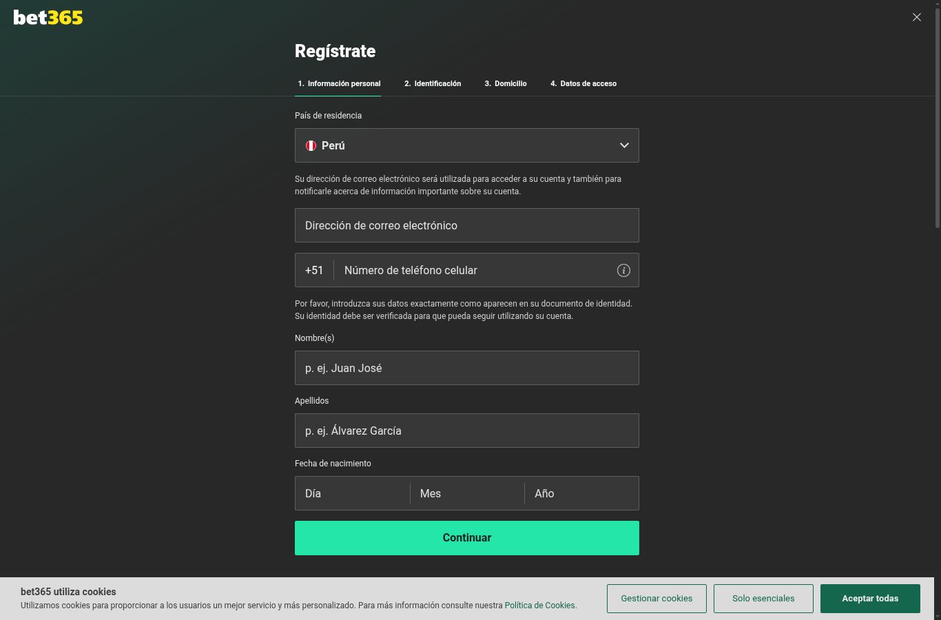 Formulario de registro de bet365 visto desde Perú (agosto 2026)