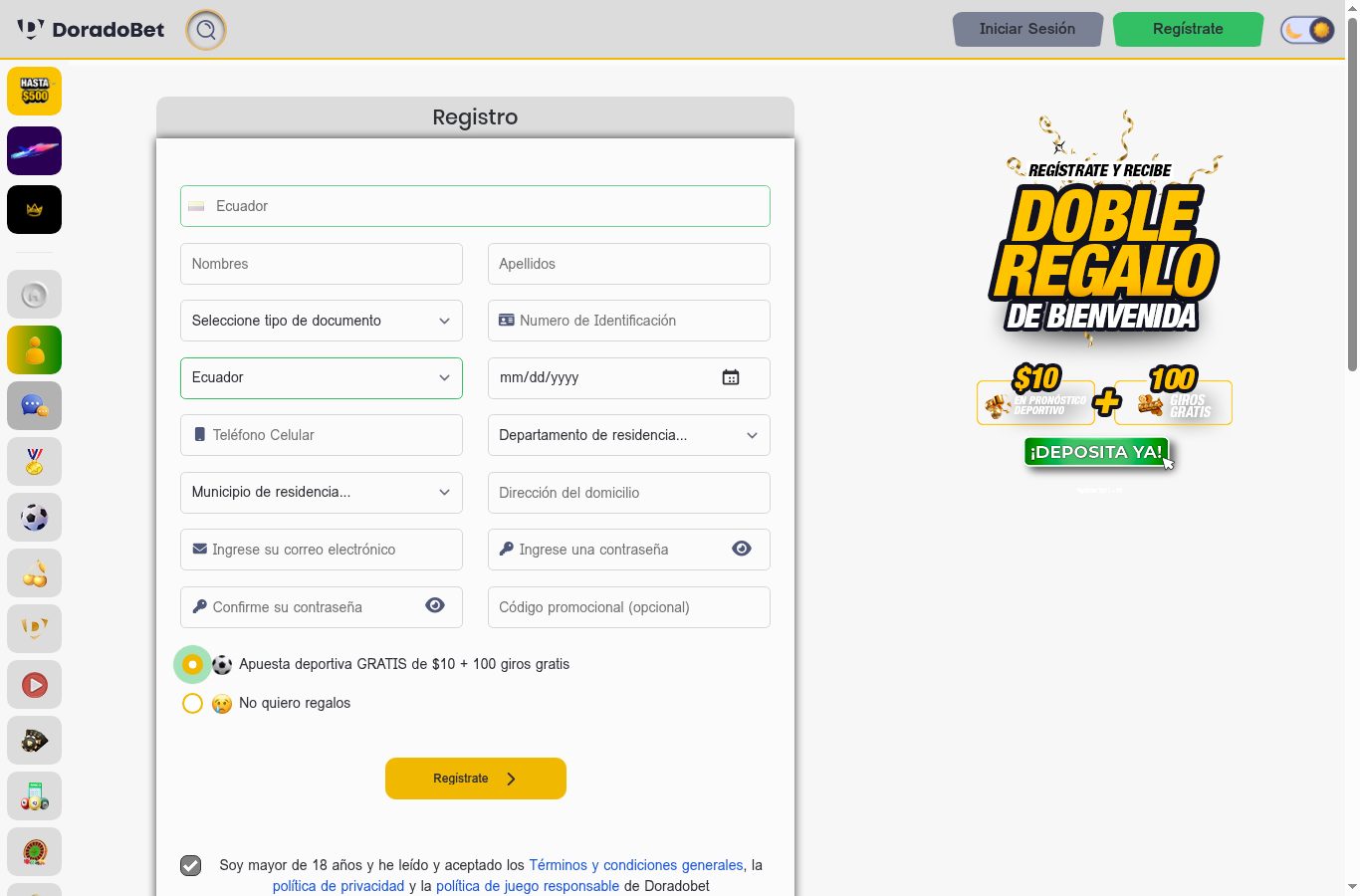 Formulario de registro de Doradobet visto desde Ecuador (agosto 2026)
