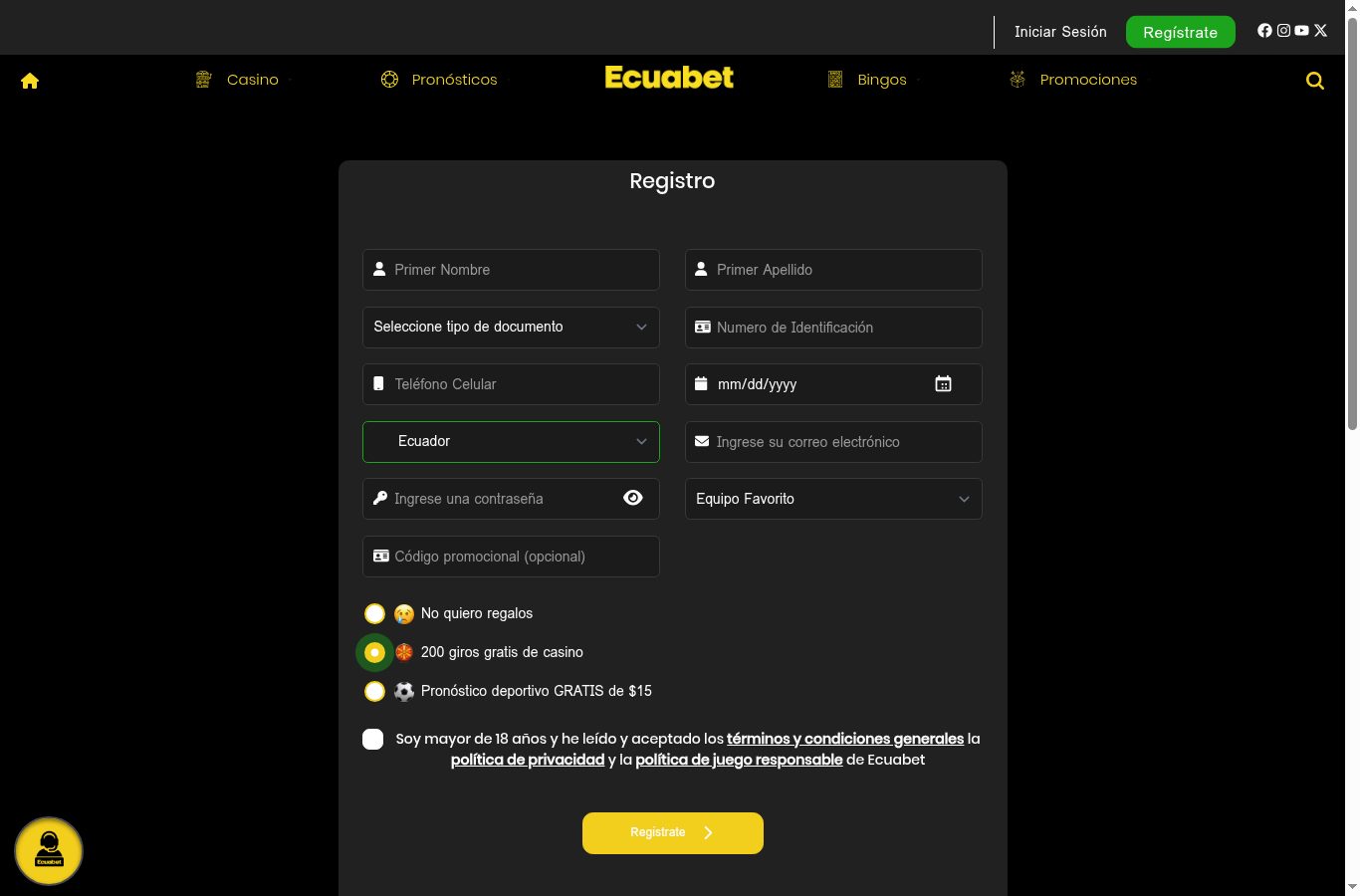 Formulario de registro de Ecuabet visto desde Ecuador (agosto 2026)