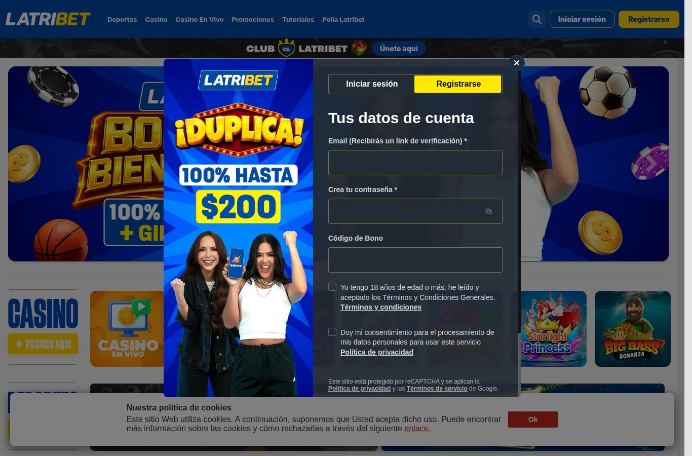 Formulario de registro de Latribet visto desde Ecuador (agosto 2026)