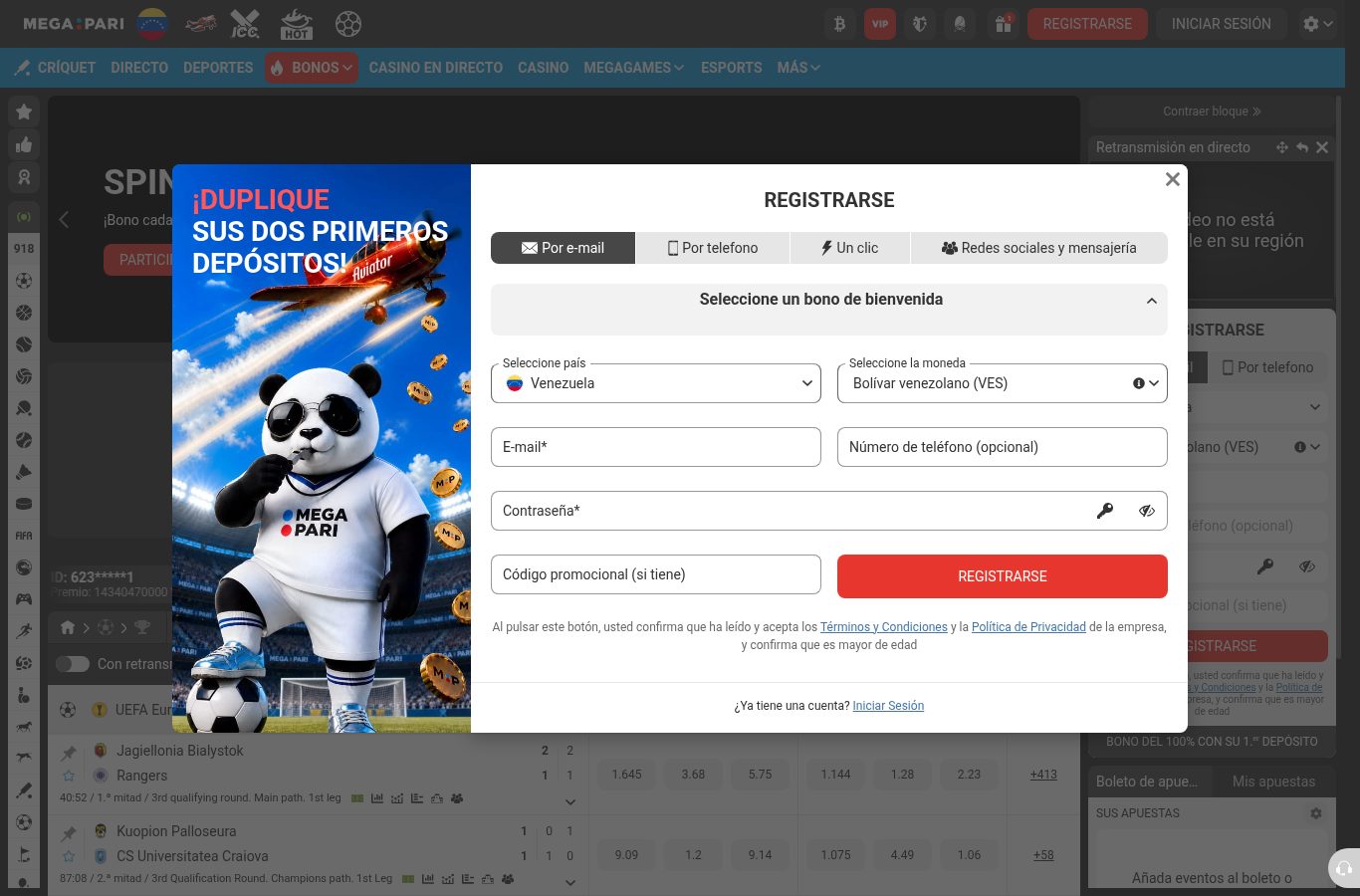 Formulario de registro de Megapari visto desde Venezuela (agosto 2026)