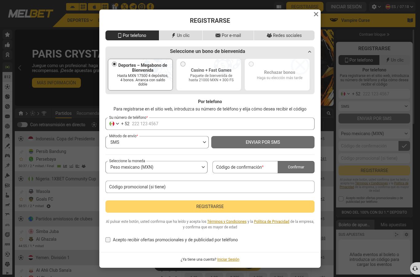 Formulario de registro de Melbet visto desde México (agosto 2026)