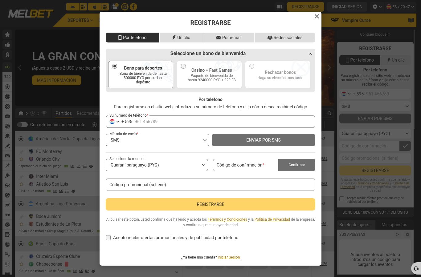 Formulario de registro de MelBet con moneda en guaraníes (PYG) y selector de bono, visto desde Paraguay