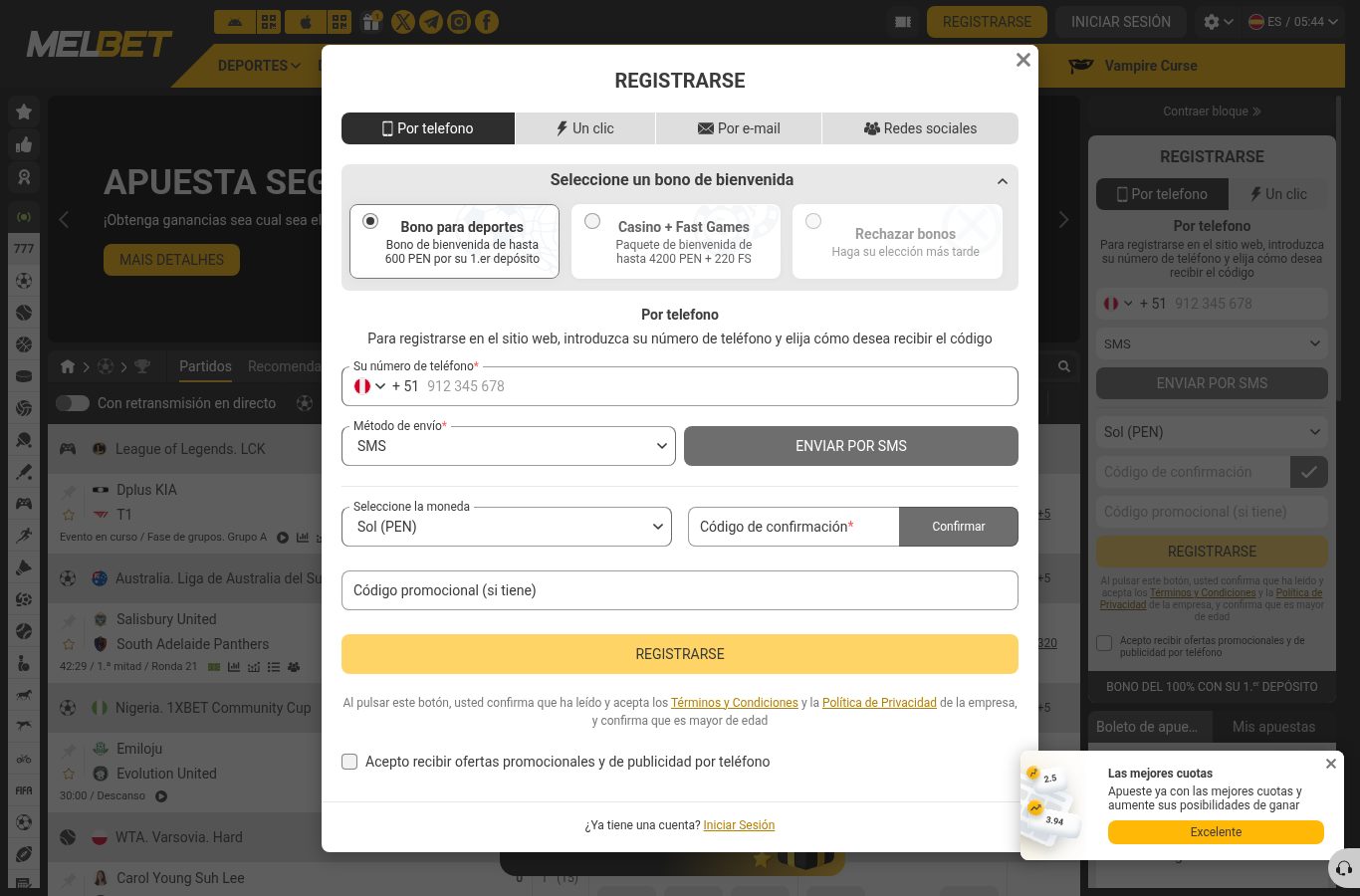 Formulario de registro de MelBet visto desde Perú (agosto 2026)