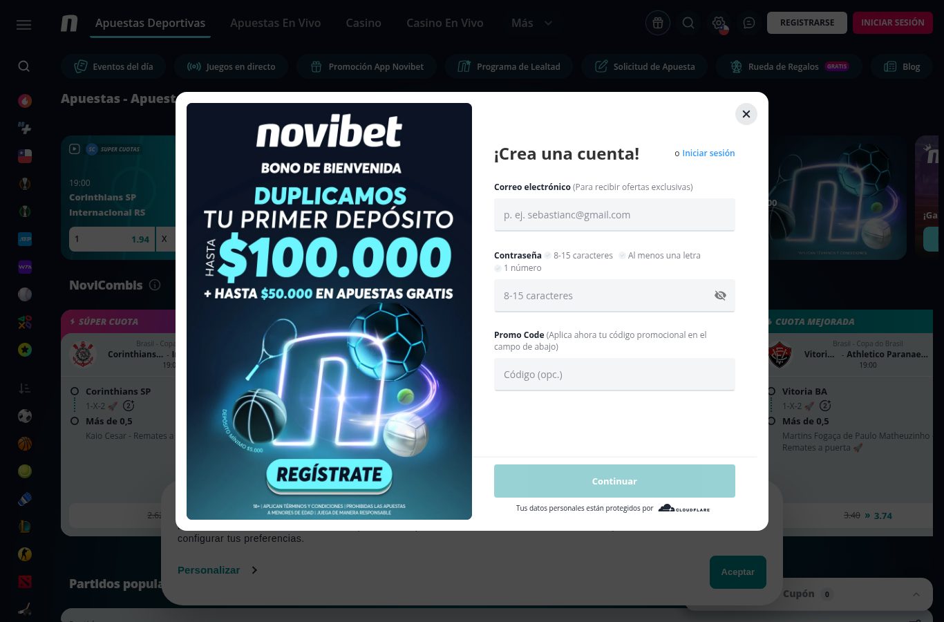 Formulario de registro de Novibet visto desde Chile (agosto 2026)