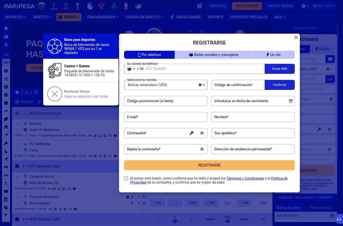 Formulario de registro de Paripesa visto desde Venezuela (agosto 2026)