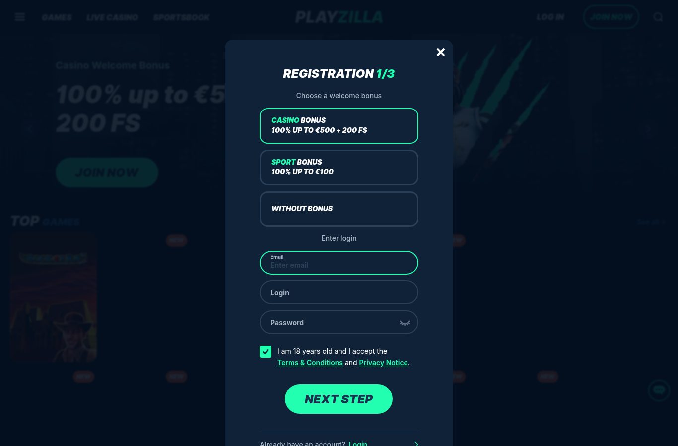 Formulario de registro de Playzilla visto desde Venezuela (agosto 2026)