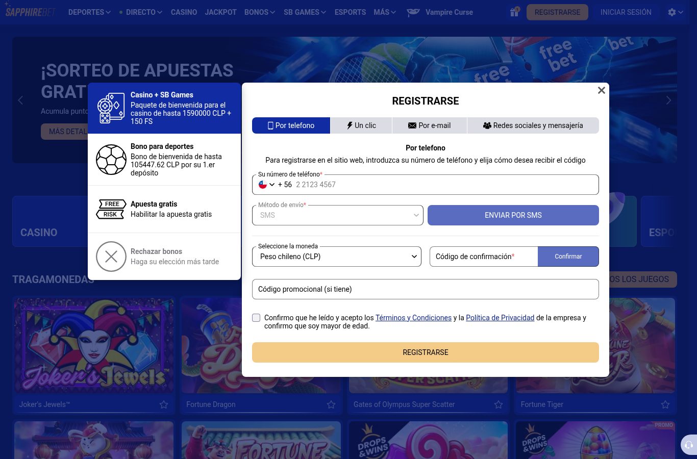 Formulario de registro de SapphireBet visto desde Chile (agosto 2026)