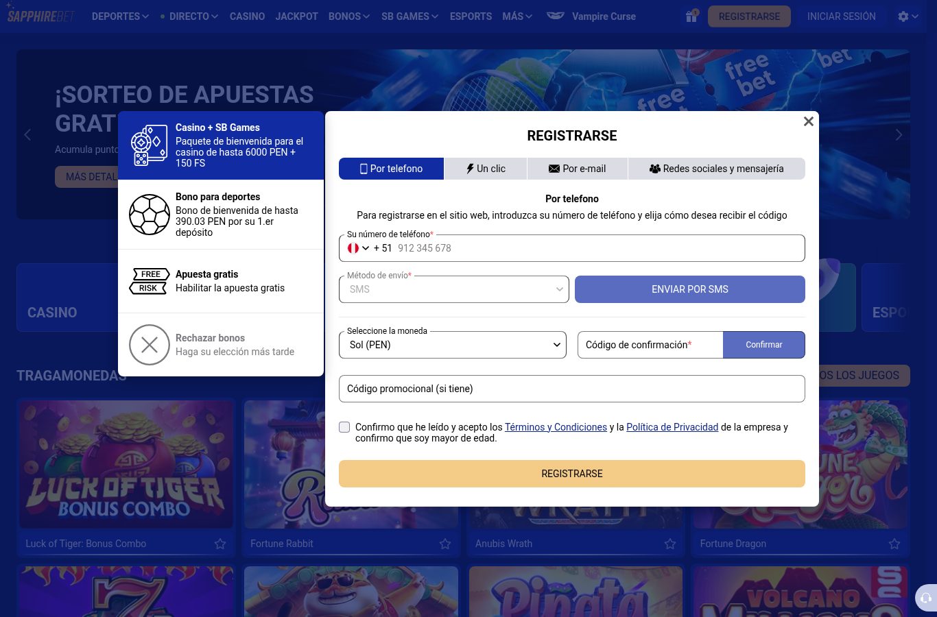Formulario de registro de SapphireBet visto desde Perú (agosto 2026)