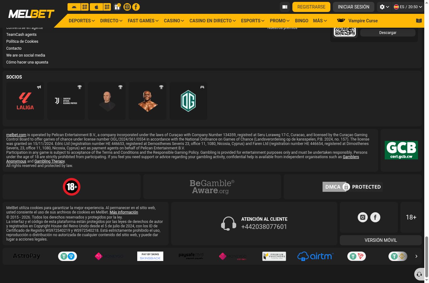 Pie de página de MelBet con el sello de la licencia de Curazao (GCB), 18+, BeGambleAware y partners