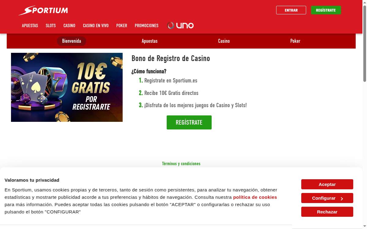 Página oficial de Sportium con el bono de registro de casino de 10 € gratis sin depósito
