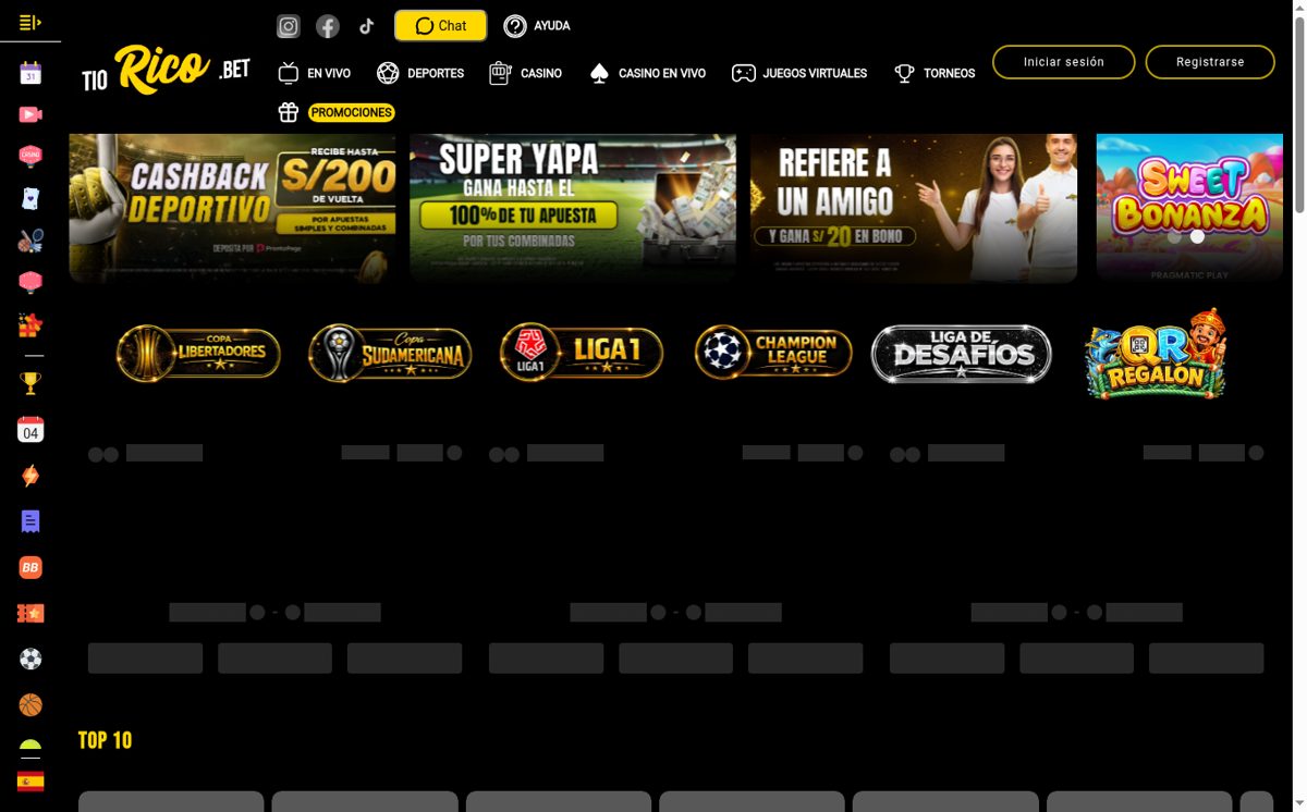 Página principal de Tío Rico Perú con cashback deportivo y promociones