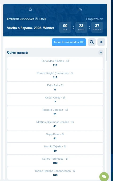 Mercado de ganador de La Vuelta a España 2026 en 1xBet con Enric Mas y Primoz Roglic