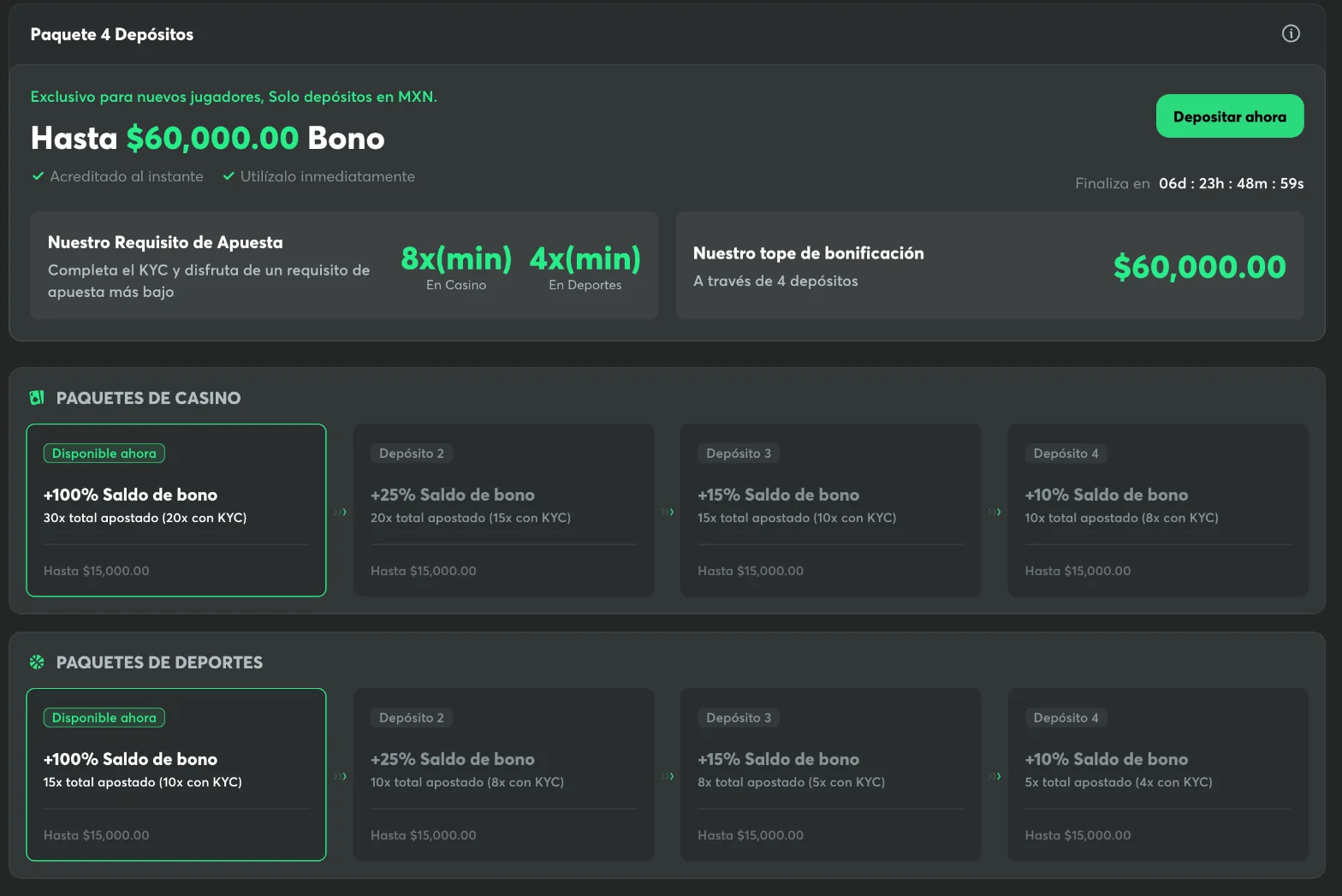 Paquete de bienvenida de BC.Game Mexico con los cuatro depositos y sus requisitos de apuesta
