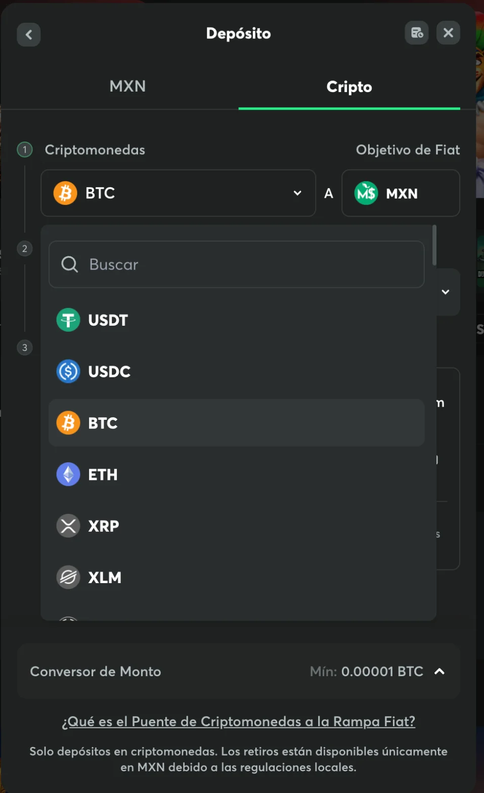 Depósito en criptomonedas de BC.Game México con el aviso de que los retiros solo se hacen en pesos