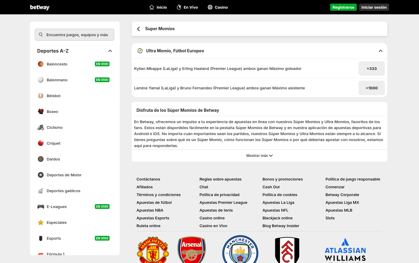 Catálogo de deportes A-Z de Betway México con los marcadores EN VIVO, capturado desde México