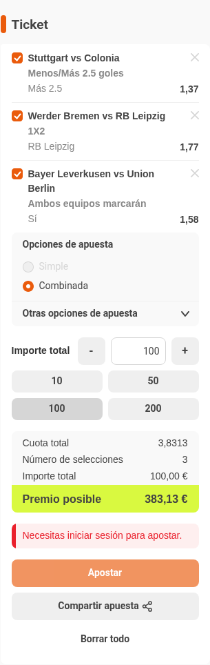 Boleto de la múltiple de la jornada de Bundesliga en Luckia, con cuota combinada 3,83