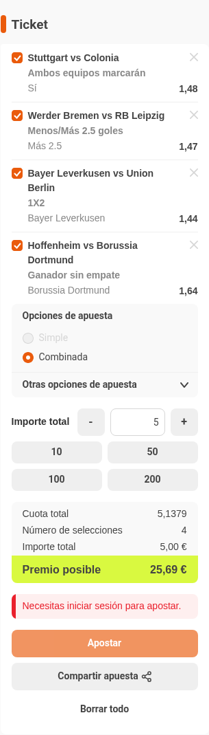 Boleto de la múltiple de la jornada de Bundesliga en Luckia, con cuota combinada 5,14