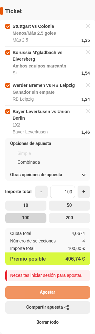 Boleto de la múltiple de la jornada de Bundesliga en Luckia, con cuota combinada 4,07