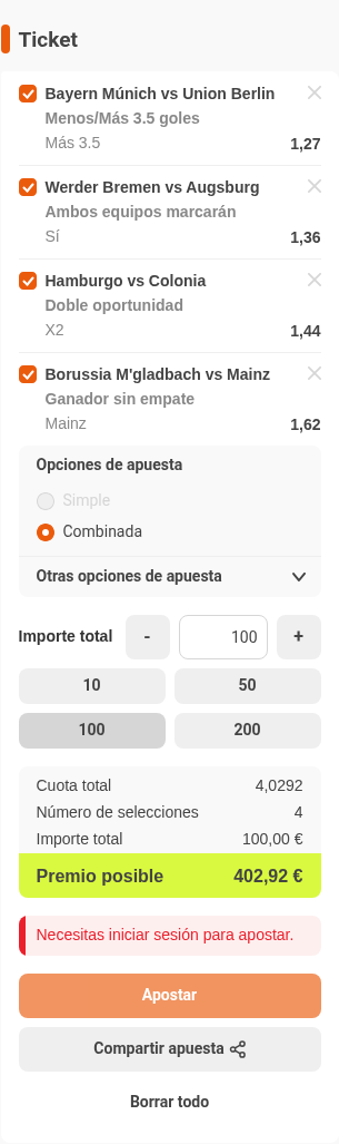 Boleto de la múltiple de la jornada de Bundesliga en Luckia, con cuota combinada 4,03