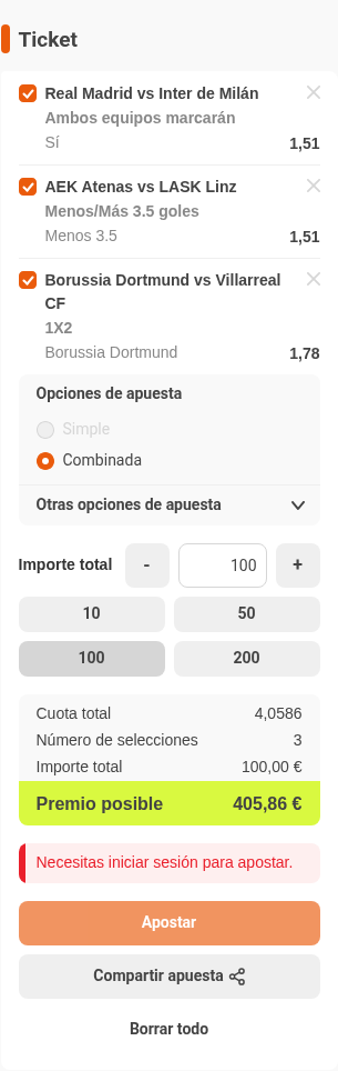 Boleto de la múltiple de la jornada de Champions League en Luckia, con cuota combinada 4,06