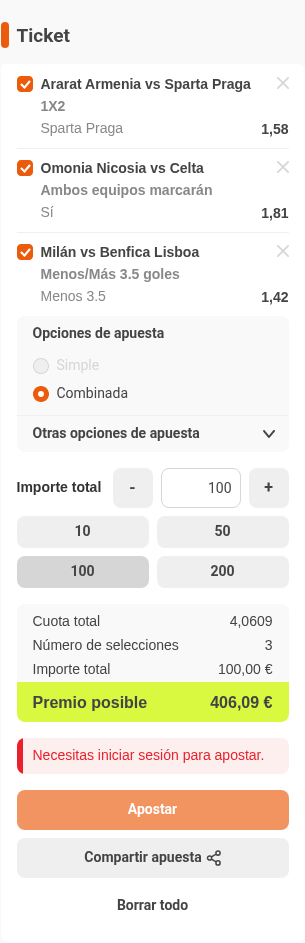 Boleto de la múltiple de la jornada de Europa League en Luckia, con cuota combinada 4,06