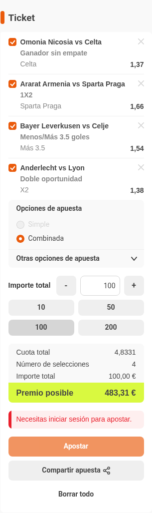 Boleto de la múltiple de la jornada de Europa League en Luckia, con cuota combinada 4,80