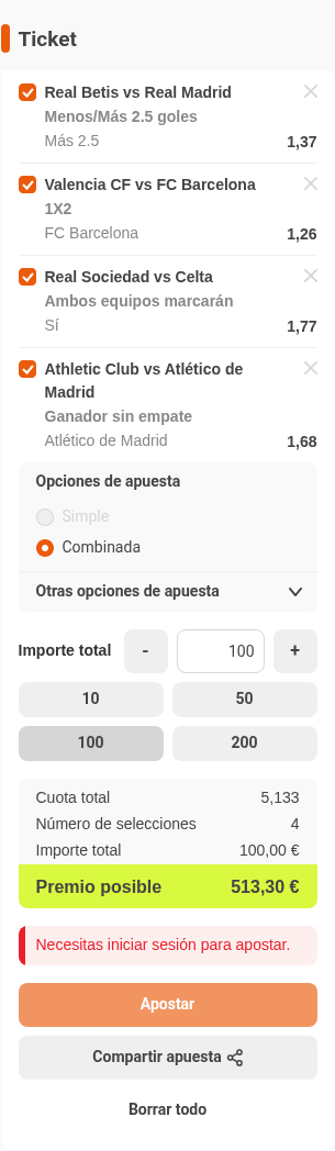 Boleto de la múltiple de la jornada de LaLiga EA Sports en Luckia, con cuota combinada 5,13